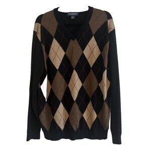 Roundtree & Yorke Argyle Sweater Mens L Black Brown Diamond 50% Wool Soft Preppy